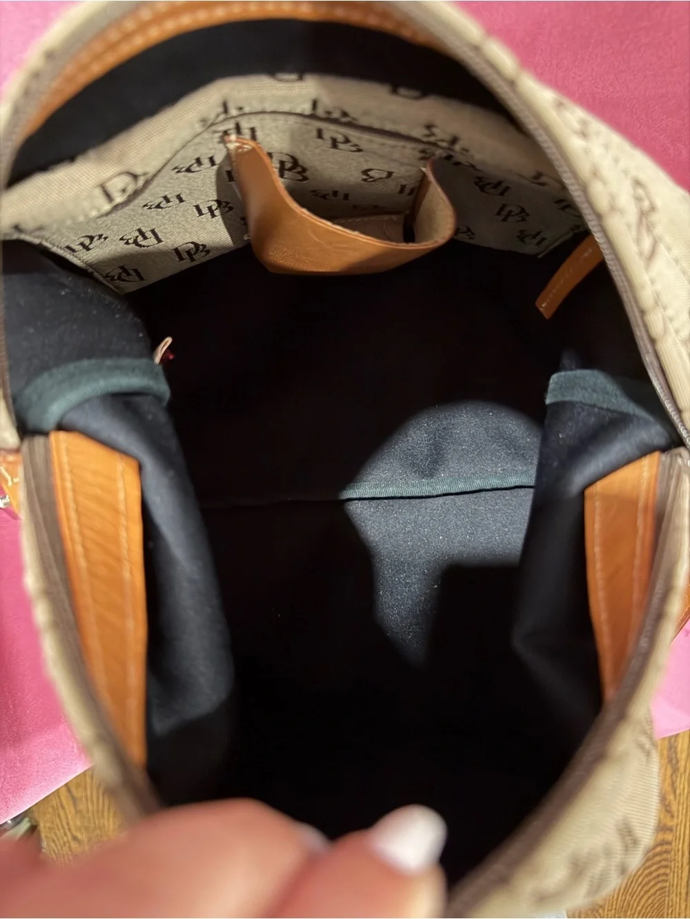 Dooney & Bourke Beige Logo Hobo Bag with Brown Leather Strap
